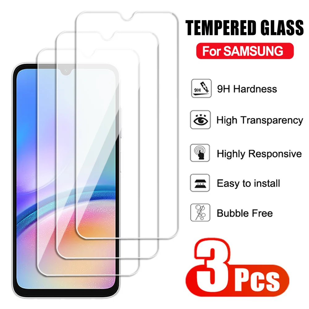 Película protetora de tela de vidro temperado para samsung galaxy a05, a15, a25, a35, a55, a04, a14, a24, a34, a54, f04, f14, f34, f54, 3pcs