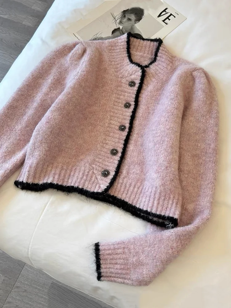 Women Sweater 2024 Fall Winter New Candy Solid Color Wool Round Neck Singlebreasted Long Sleeve Knit Cardigan Sweater C-131