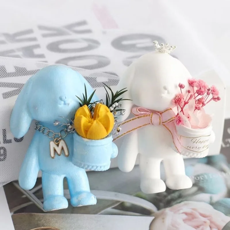 

Rabbit Hold Bucket Ornament Silicone Mold DIY Gypsum Bunny Holding Flowers Making Platform Car Decoration Resin Mold Handicrafts