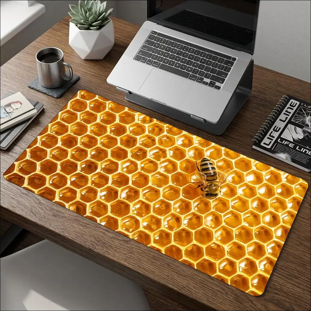 Oversized Desk Mat Golden Honeycomb Honey Bee Natural Anti Slip Rubber Backing Durable Stitched Edges for Modern Workspaces