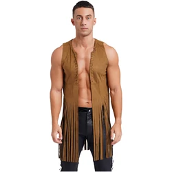 Men Halloween Theme Party Western Cowboy Cosplay Costume Hippy Vest Vintage Fringe Suede Cardigan Waistcoat Gothic Steampunk Top