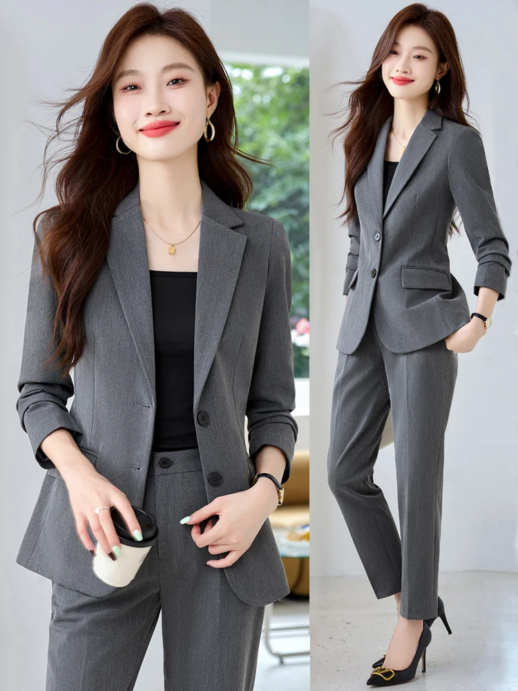 Gray Suit Set Women's Professional Interview Work Commute Formal Career Polyester Fiber Long Sleeve Button Pocket Suit