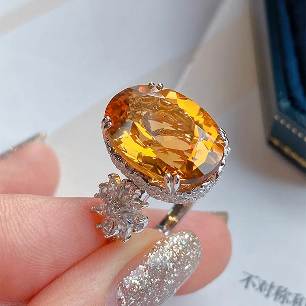 Luxury 5 Carats Big Yellow Crystal Citrine Gemstones 5A Zircon Diamonds Rings for Women Trendy Chic Party Finger Accessory Bands