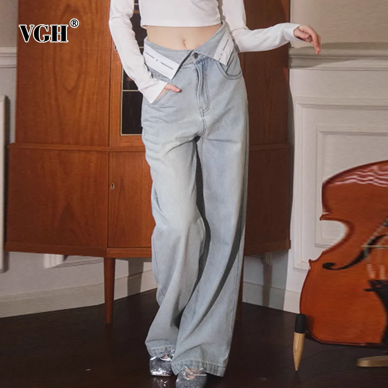 VGH Solid Patchwork Pockets Jeans For Women High Waist Spliced Button Minimalist Loose Wide Leg Denim Pants Female Fashion New