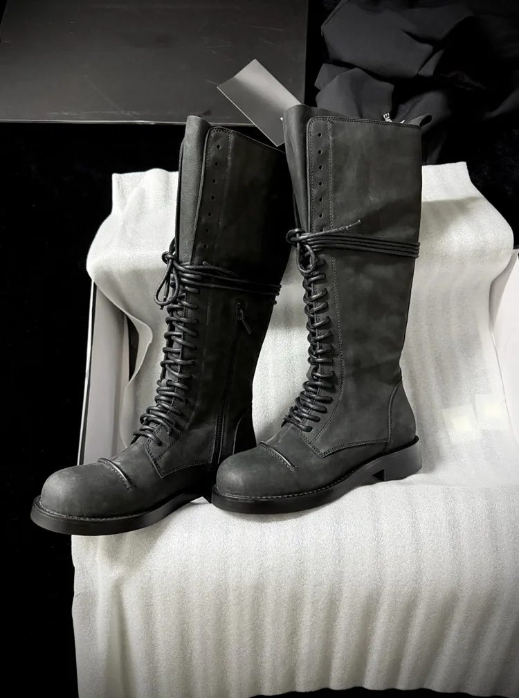 

Newest British Style Genuine Leather Round-Toe Square Heel Knee High Boots Woman Motorcyle Boots Knight Boots Botas Mujer