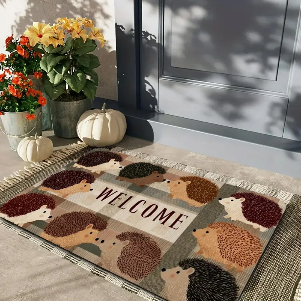 Cute Plaid Hedgehog Welcome Doormat Non Slip Washable Entrance Floor Carpet Indoor Outdoor Home Decor RV Mat 1PC