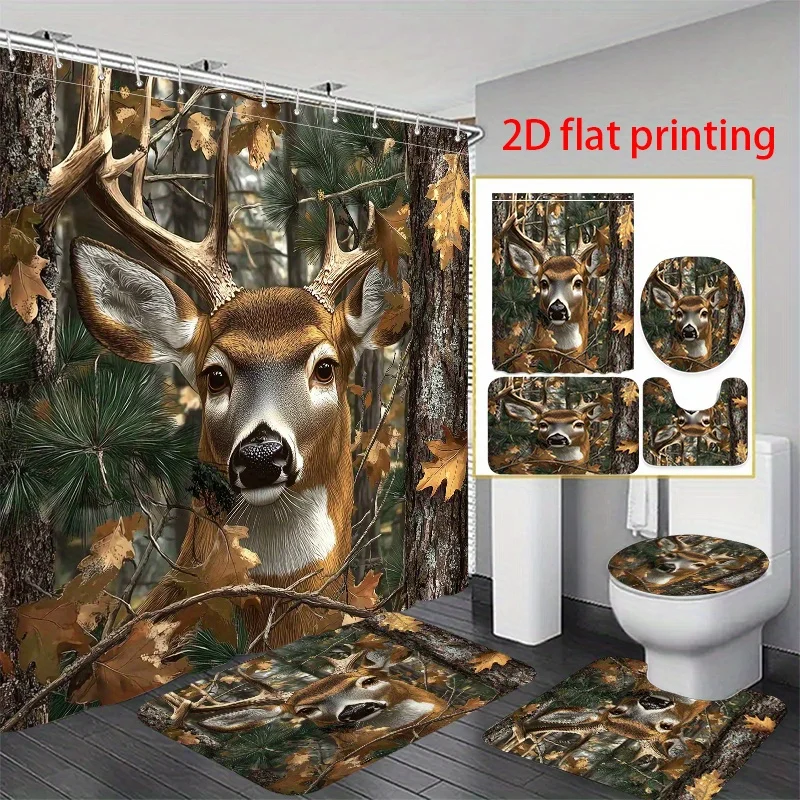 

4pcs 2D flat printing Shower Curtain Bathroom Set The Buck in the Autumn Forest. Non Slip Bathroom Mat, Toilet U Shaped Pad