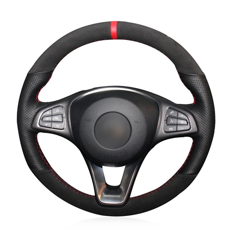 Black Suede Red Marker Car Steering Wheel Cover for Mercedes Benz C180 C200 C260 C300 B200 E200 E300 CLS260 CLS300 GLC260 GLC300