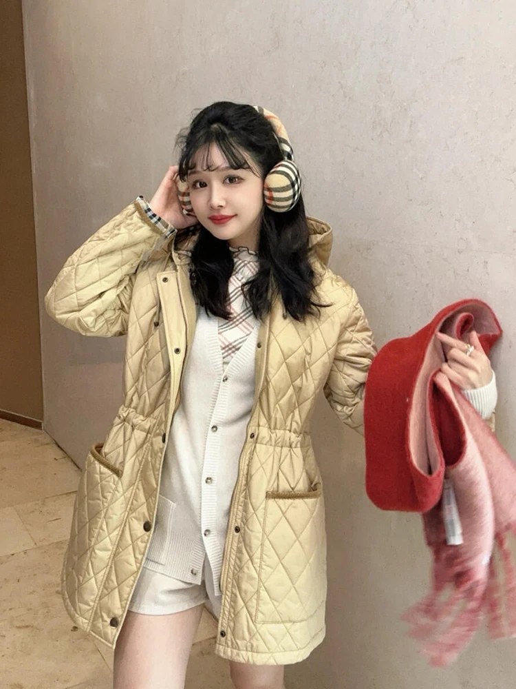 

Retro British Style Women's Cotton Jacket Hooded Design Slim Fit Lightweight Waist-Cinching Midi Length Fashionable Coat