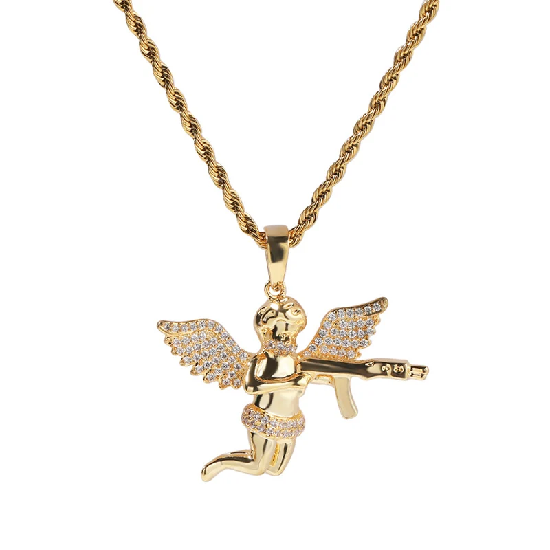 Hip Hop 5A+ CZ Stone Paved Bling Ice Out Battle Gun Angel Pendants Necklaces for Men Rapper Jewelry Gold Silver Color