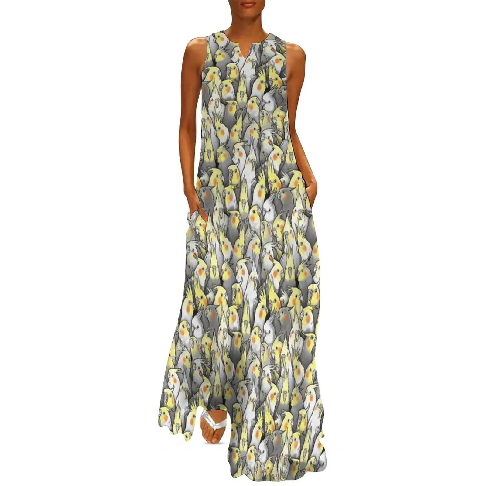 Cockatiels Parrot Dress Summer Bird Meme Print Street Fashion Casual Long Dresses Pattern Night Club Maxi Dress Big Size 4XL