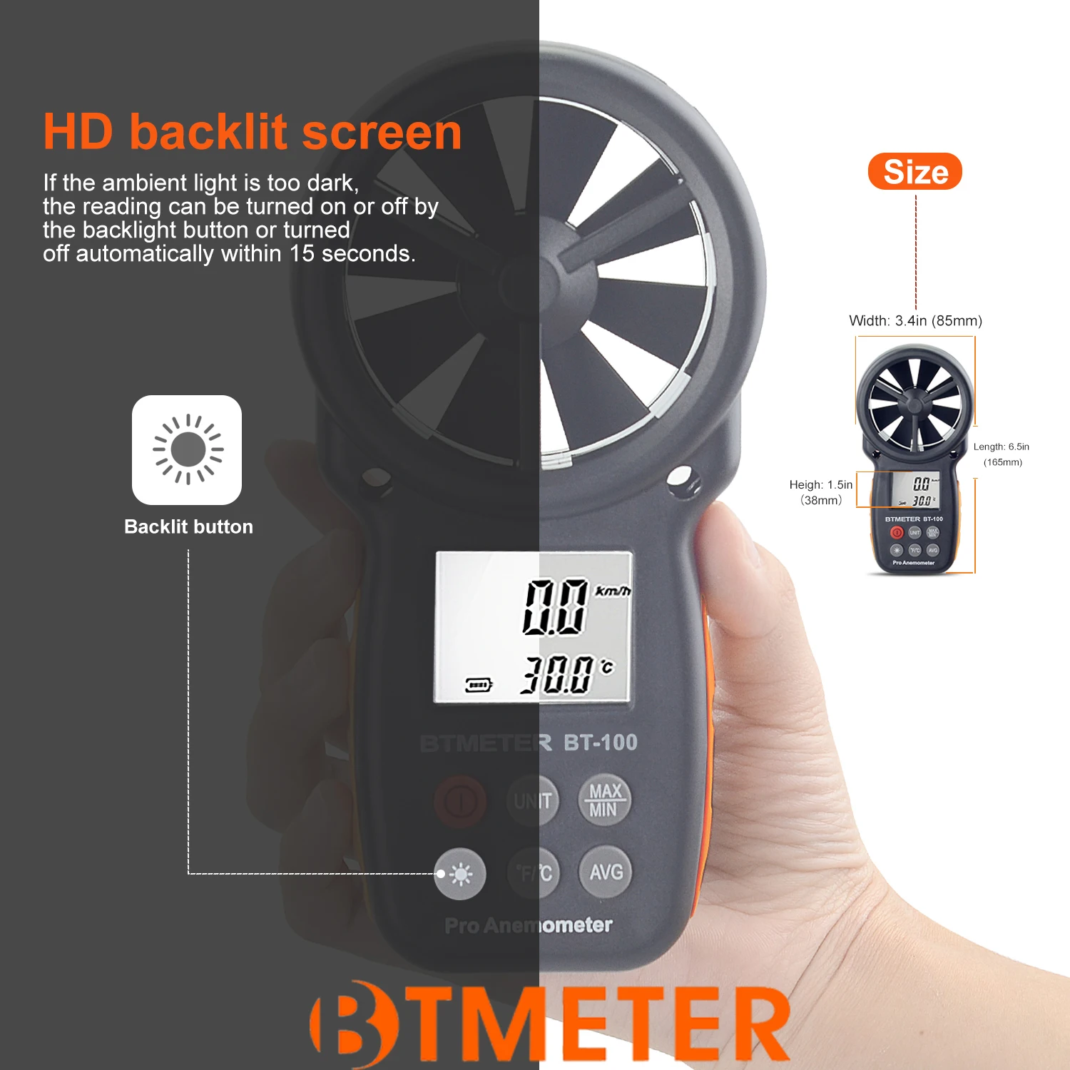 BTMETER BT-100 Handheld Digital Anemometer,0-30 m/s Wind Speed Meters, Wind Speed Sensor for UAV ，Wind Chill, Surfing Shooting