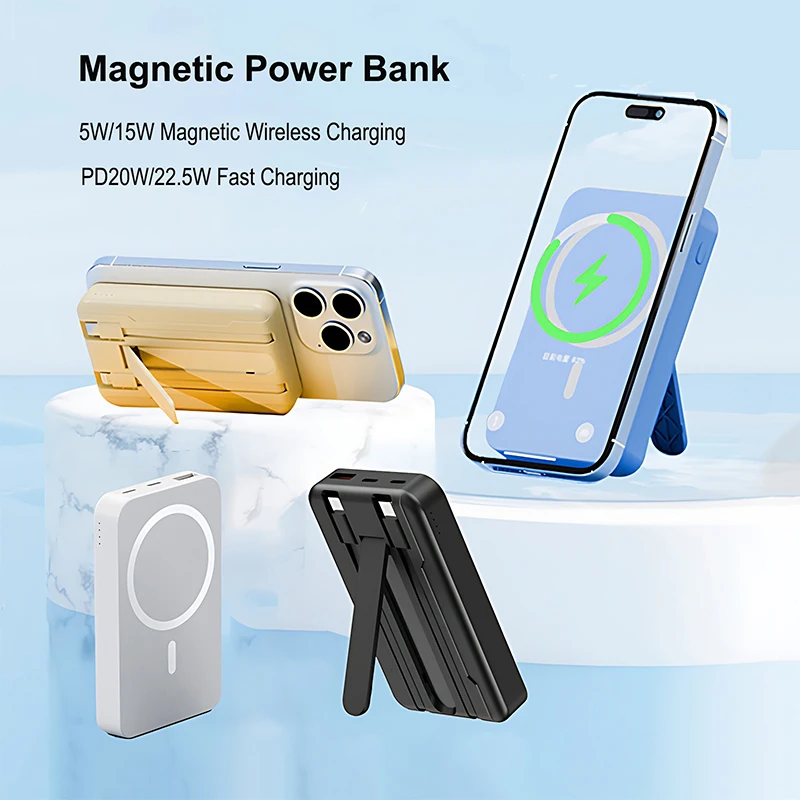 10000mAh Magnetic Power Bank for iPhone 16 15 14 13 12 Mini Wireless Fast Charging Powerbank With Cable Stand for Samsung Xiaomi