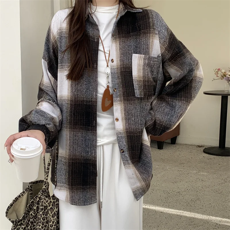 

AOSSVIAO 2025 Autumn Winter New Casual Shirt Women Thick Woolen Plaid Blouse Loose Long Sleeved Tops Long Shirts