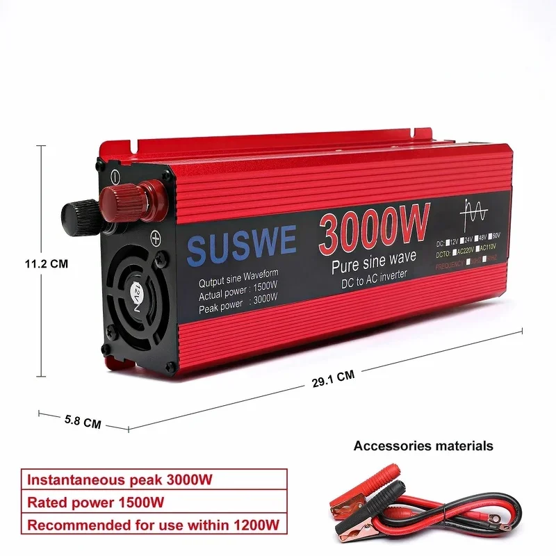 Pure Sine Wave Inverter DC to AC 12V/24V to 220V/110V 60HZ/50HZ 1000W 2000W 2200W 3000W Car Power Inverter with LED Display
