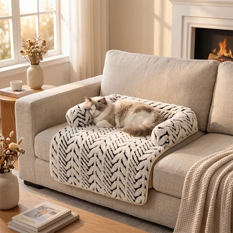 Plüsch-Haustier-Sofa-Bett mit Polster, Rutschfester Katzen- und Hundebettüberzug für Innenräume, Möbelschutzmatte – Detail 1