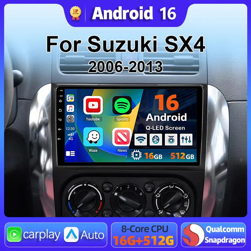 Radio Multimedia para Auto con Android 16 y Carplay para Suzuki SX4 SX 4 2006 - 2013, Unidad Principal con Bluetooth, GPS, Reproductor de Video, DVD, DSP, Autoradio Estéreo
