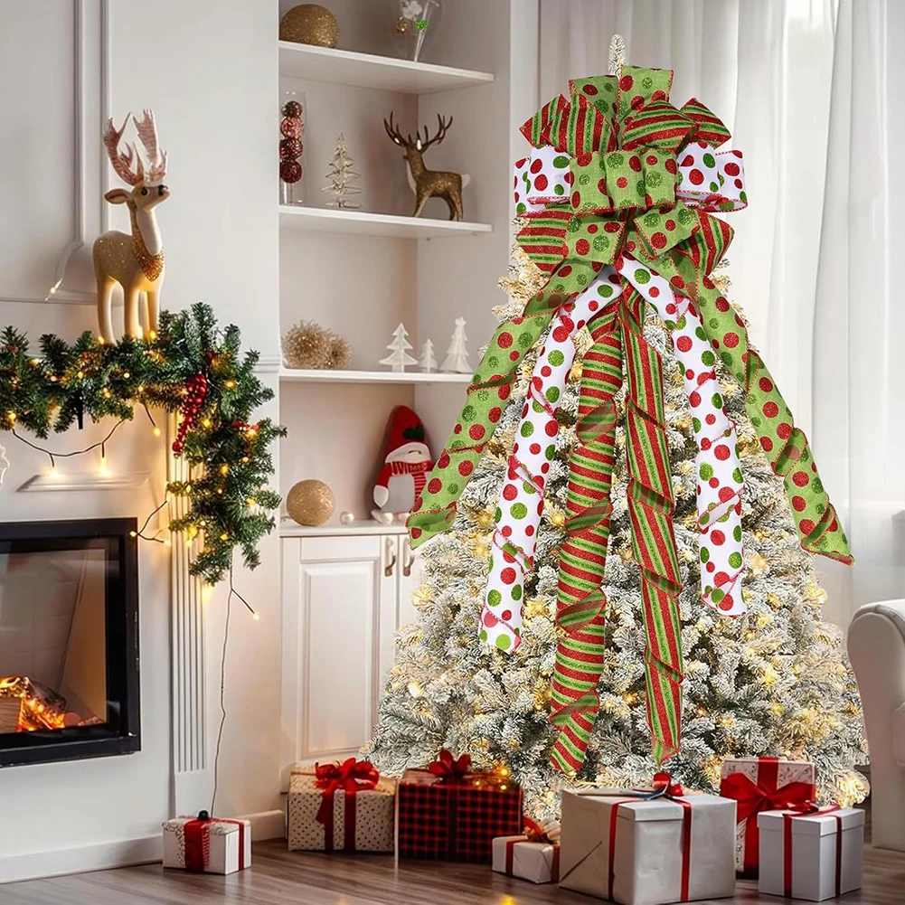 Festive Green and Red Tree Topper Bow with Glittering Polka Dots Enhances the Beauty of Your Christmas Decorations with Ease