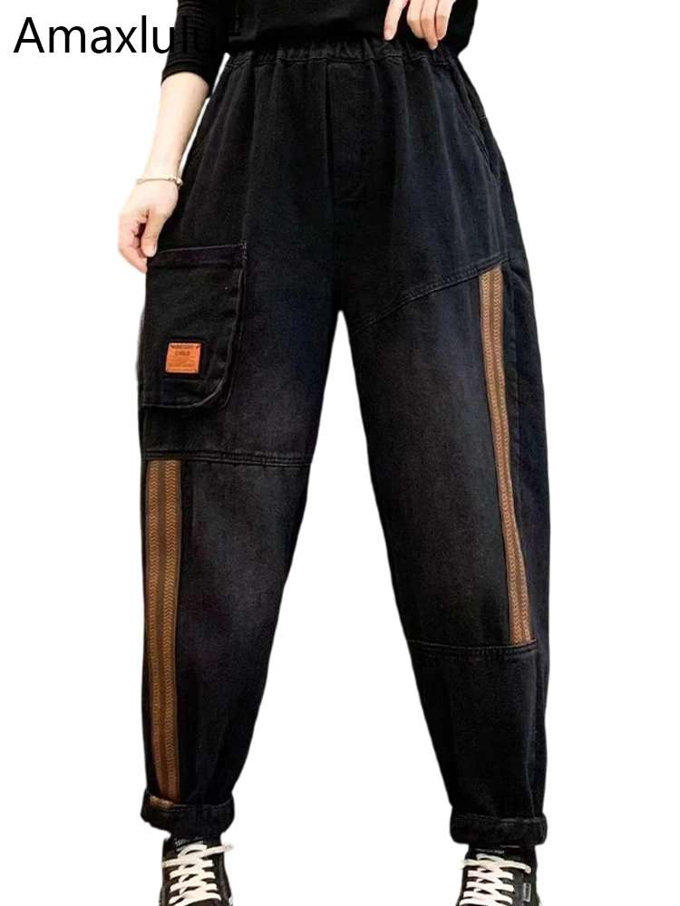 

Amax luluE Brand 2025 Winter Fashion Thicken Jeans Womens Loose Striped Fur Warm Denim Pants Ladies Punk Vintage Harem Trousers