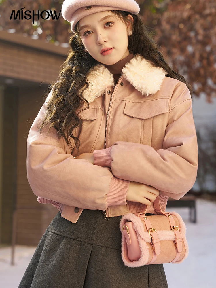 MISHOW Vintage Pu Leather Fleece Jacket Women Winter High Quality Lamb Wool Lapel Crop Coat Woman Thick Warm Outwear MXC52W0281