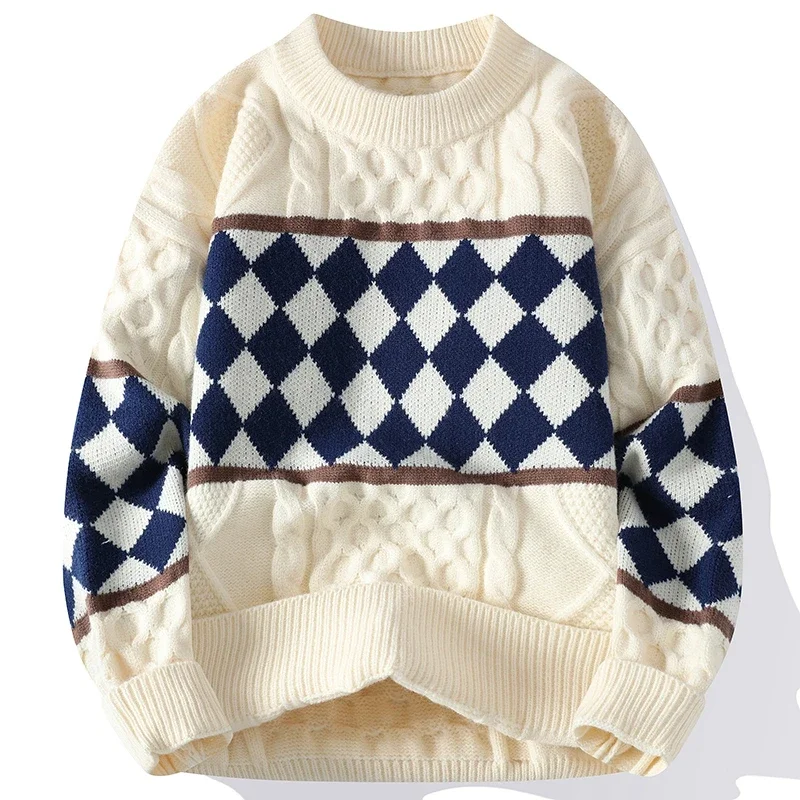 

Winter Fashion Handsome Knit Sweater Men Pullovers Thick Warm Harajuku Style Argyle Sweaters Mens Autumn Loose Clothing