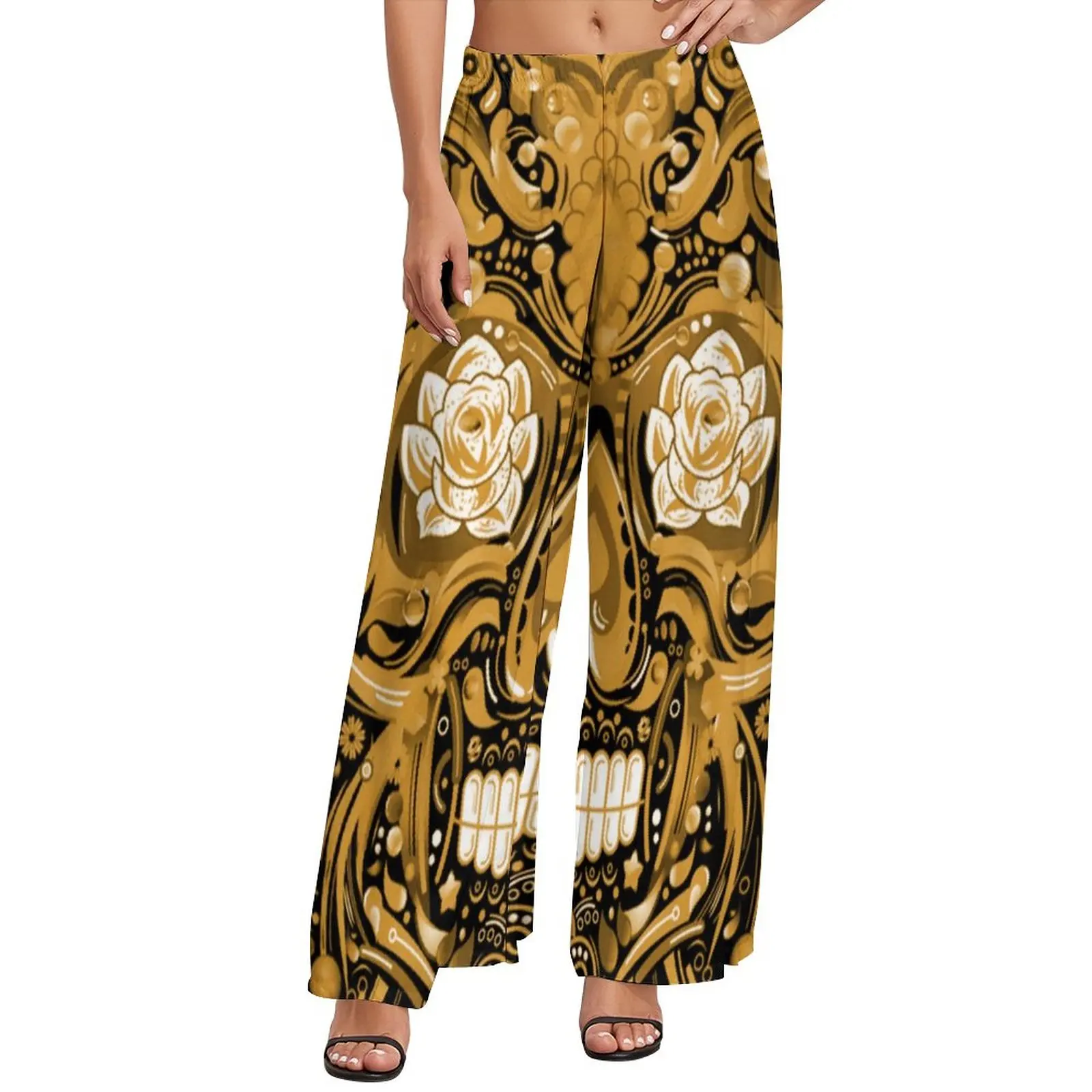 Bronze Steampunk Pants Sugar Skull Print Korean Fashion Straight Wide Pants Elastic High Waist Workout Trousers Big Size 5XL 6XL