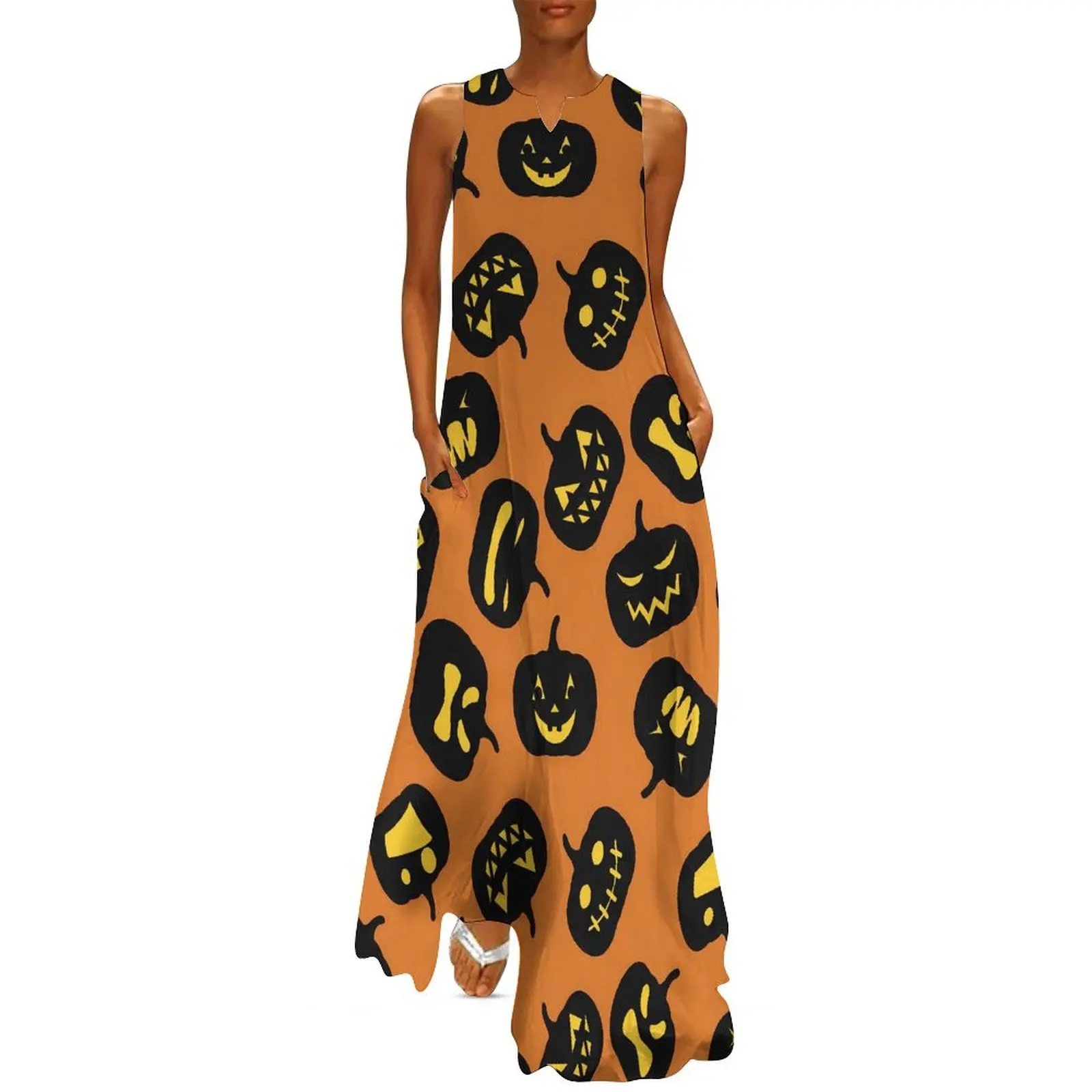 

Happy Haunts Dress Halloween Pumpkins Kawaii Maxi Dress Street Wear Casual Long Dresses Female V Neck Design Oversized Vestido