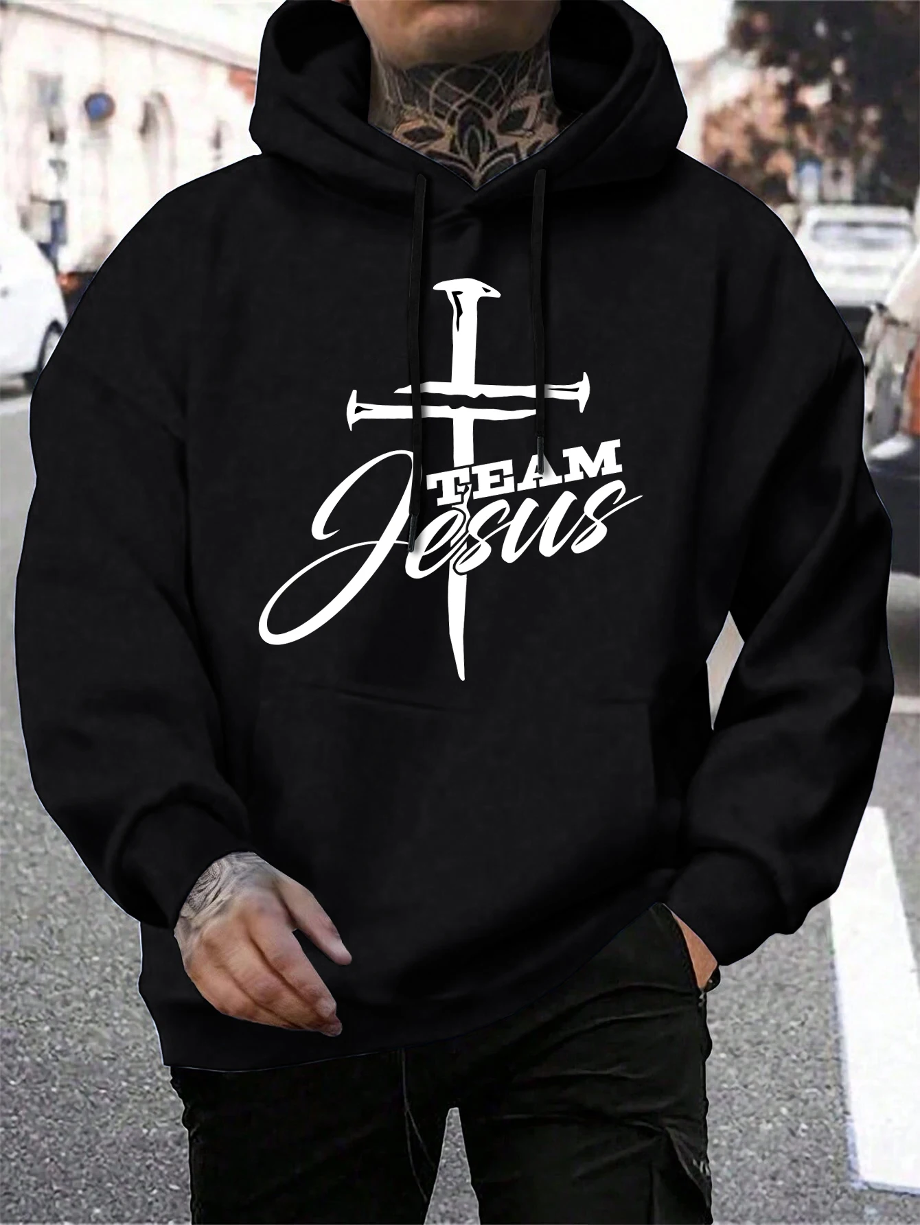 Team Jesus Letter Design Printing Men's Sweatshirt Fashion Warm Hooded Casual Pocket Hoodies Autumn Big Size Streetwear