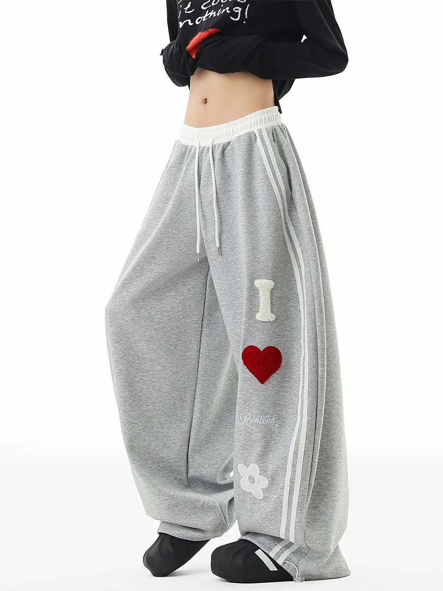 Jennie Love Heart Letter Three Bars Sports Sweatpants Men Women Autumn Heavyweight Wide Leg Casual Pants High Waist Elastic