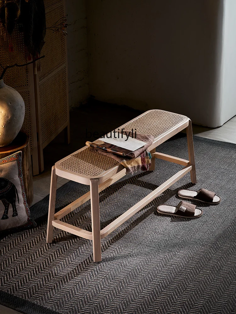 Nordic Solid Wood Dining Chair Rattan Homestay Hotel Leisure Bench Natural Rattan Chair Combination