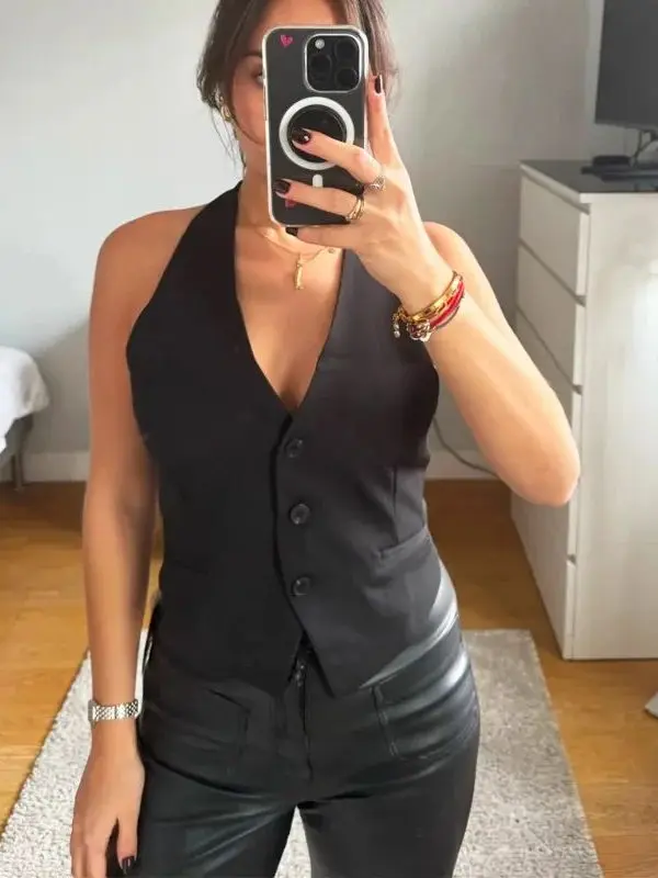 V-Ne Hanging Ne Bule Svel Top Street Sle Slim Fit قطعة واحدة إنتاج صيني طول منتظم لون نقي