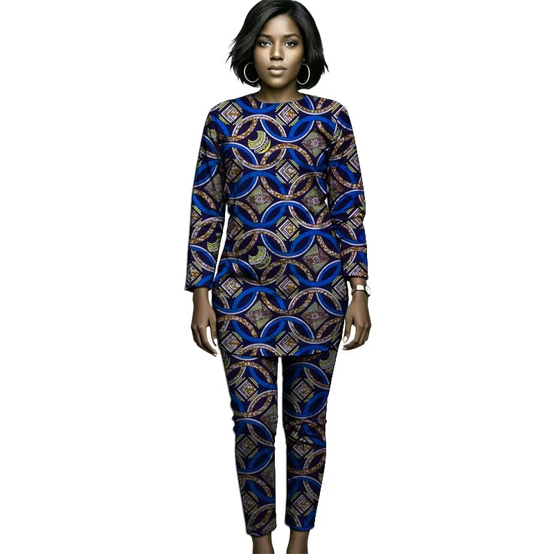 African Print Couture Women's Ankara Outfit Set Vantage Collarless Blouse Top+Elastic Waist Pant Female Party Wear Customized