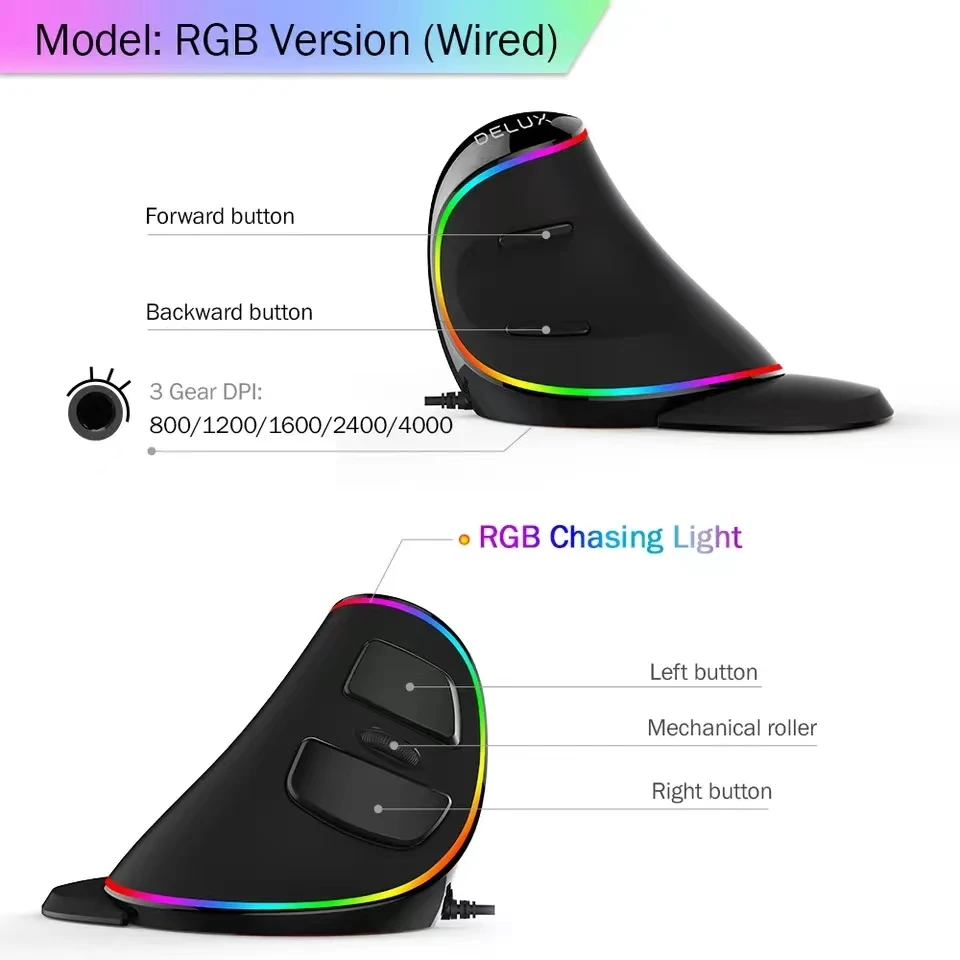 Imagem -03 - Plus Mouse Ergonômico Vertical para Jogos Botões 4000 Dpi Rgb com Fio Mouse Direito sem Fio para pc Laptop Computador Delux-m618