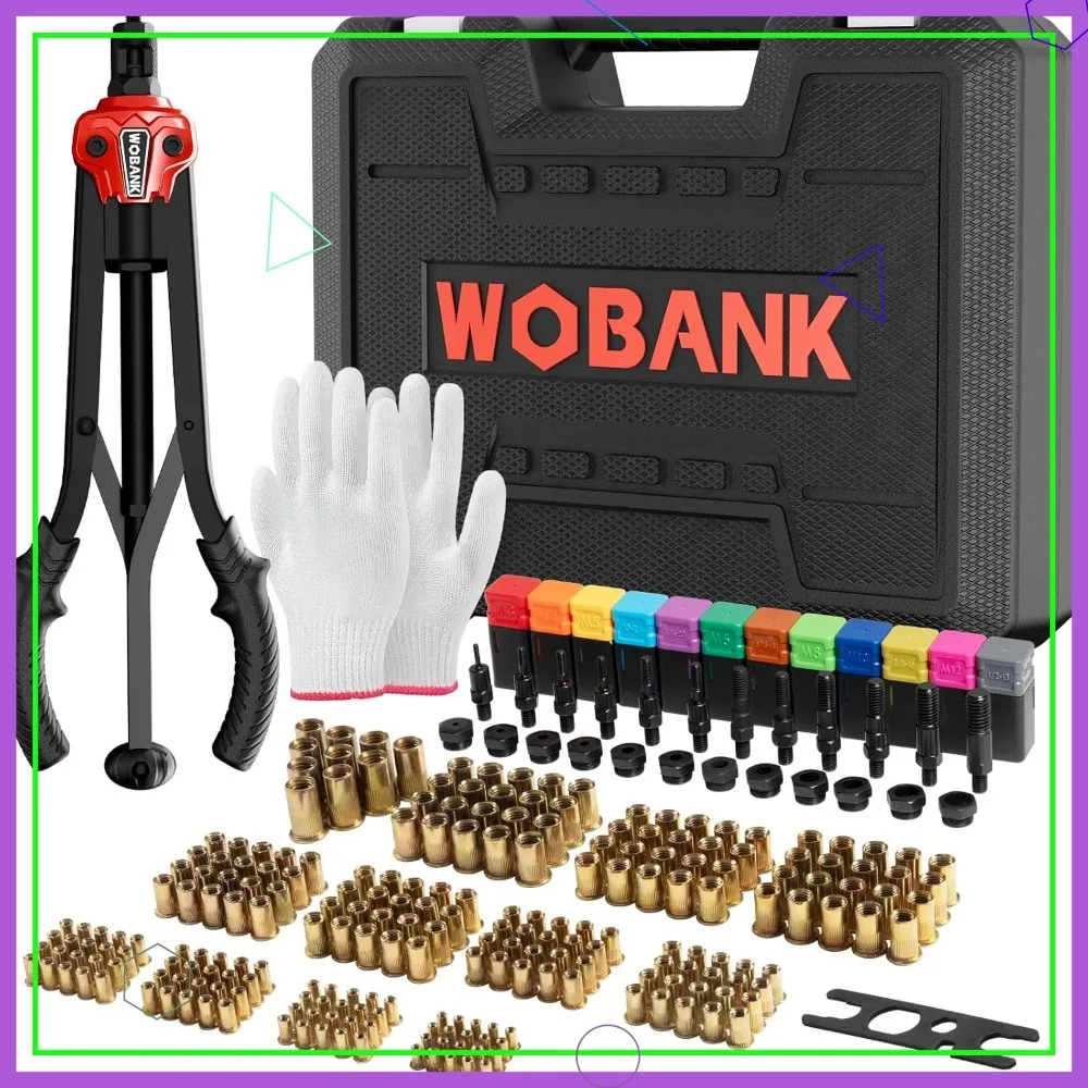 

16" Heavy Duty Rivet Nut Tool Kit with 230PCS Rivet Nuts, 12 Mandrels, Wrench, Gloves & Case, Auto Release for Automotive, DIY