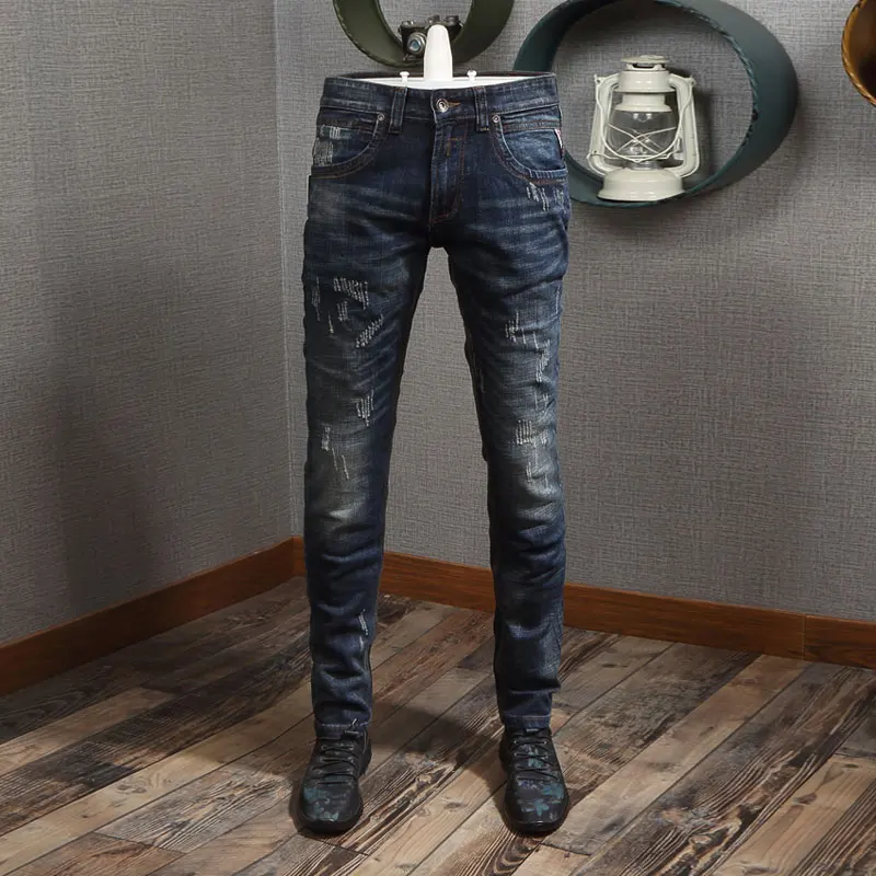 Fashion Trendy Men Jeans Retro Dark Blue Elastic Stretch Slim Fit Ripped Jeans Men Vintage Trousers Designer Denim Pants Hombre