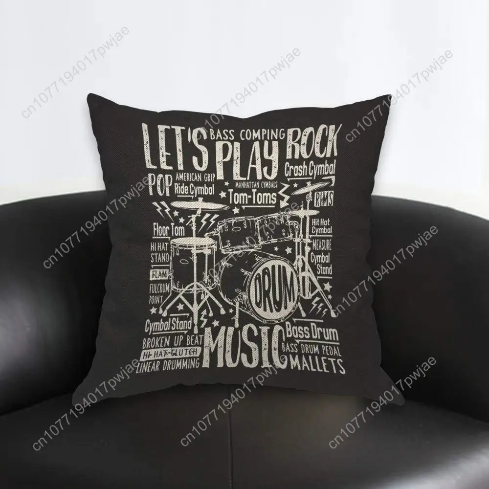 AOYEGO Music Rock Drums Throw Pillow Cover Let's Play Rock Pop Silhouette Graphic Studio Monochrome Pillow Case 18x18 Inch Decor