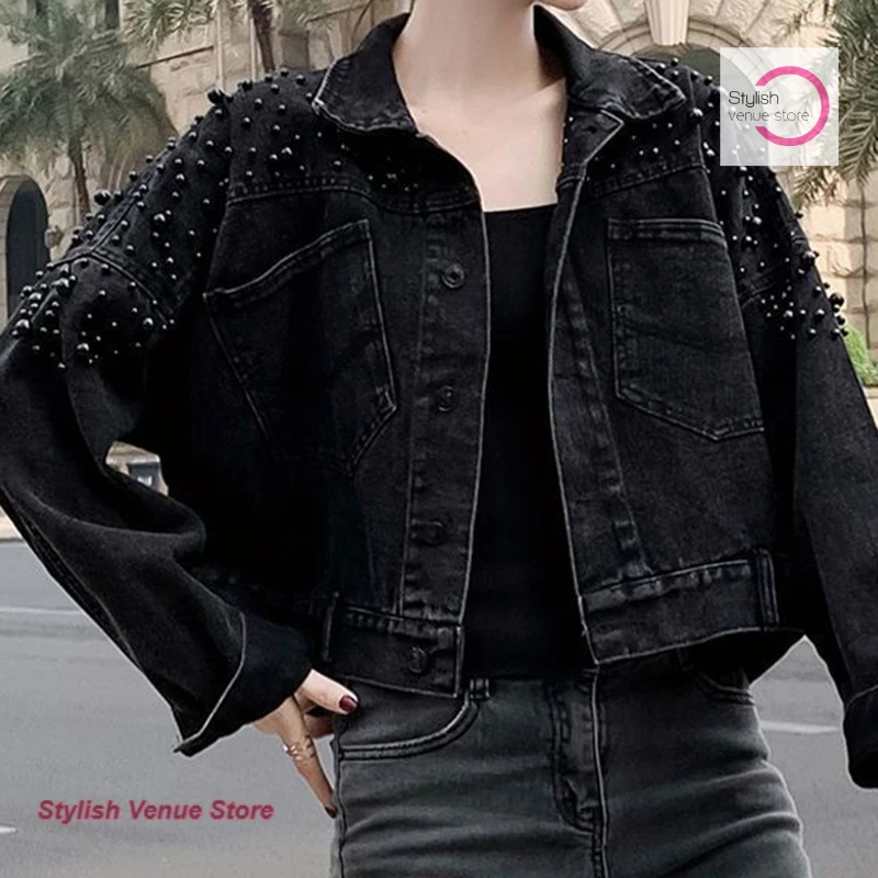 Korean style fashion loose beaded denim jacket top women's spring and autumn new temperament solid color casual coat. - Detail 1