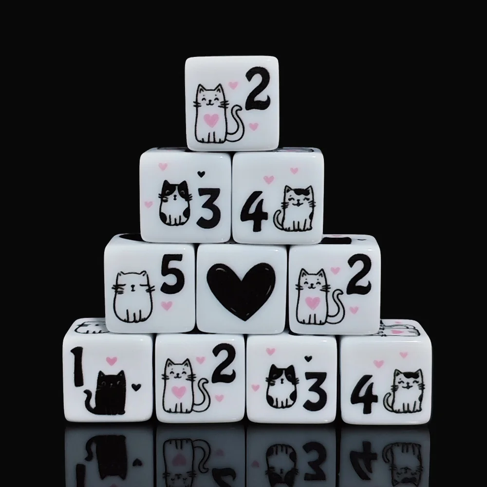 12Pcs/Set 16mm Cute Cat Dice, Premium Acrylic 6-Side Dice with Black White Kitty & Heart Design for DND, RPG, Board Games, Gifts view 2
