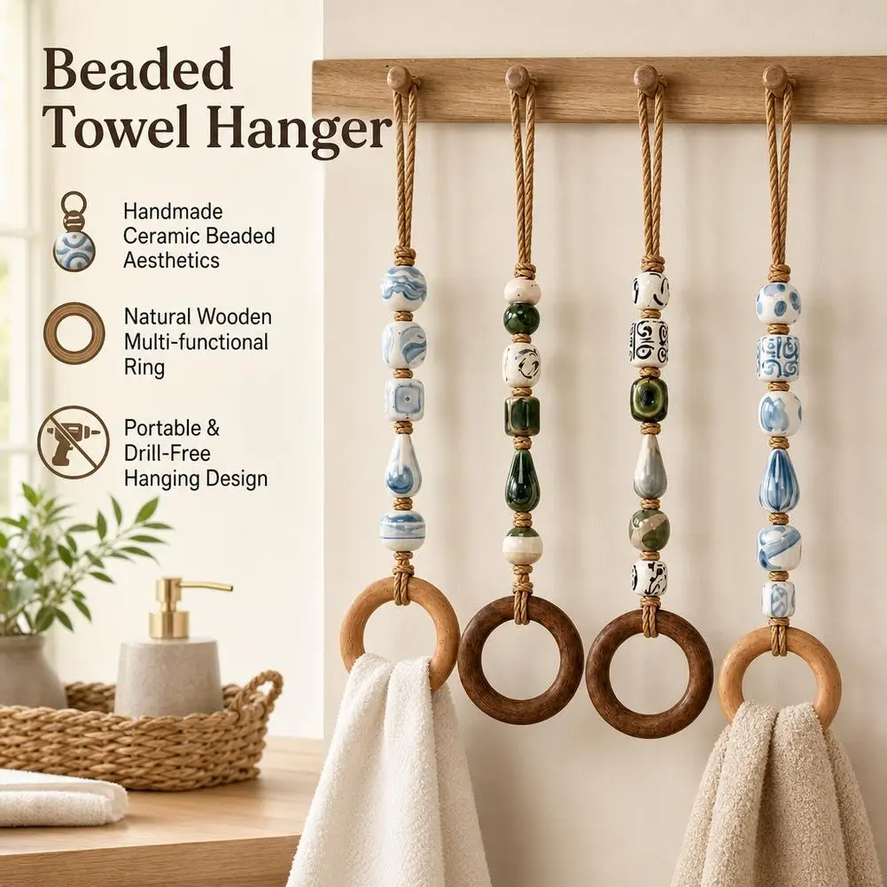 Round Towel Rack Beaded Towel Hanger Hand Towel Holder For Bathroom Kitchen Decor Rustic Wood Bead