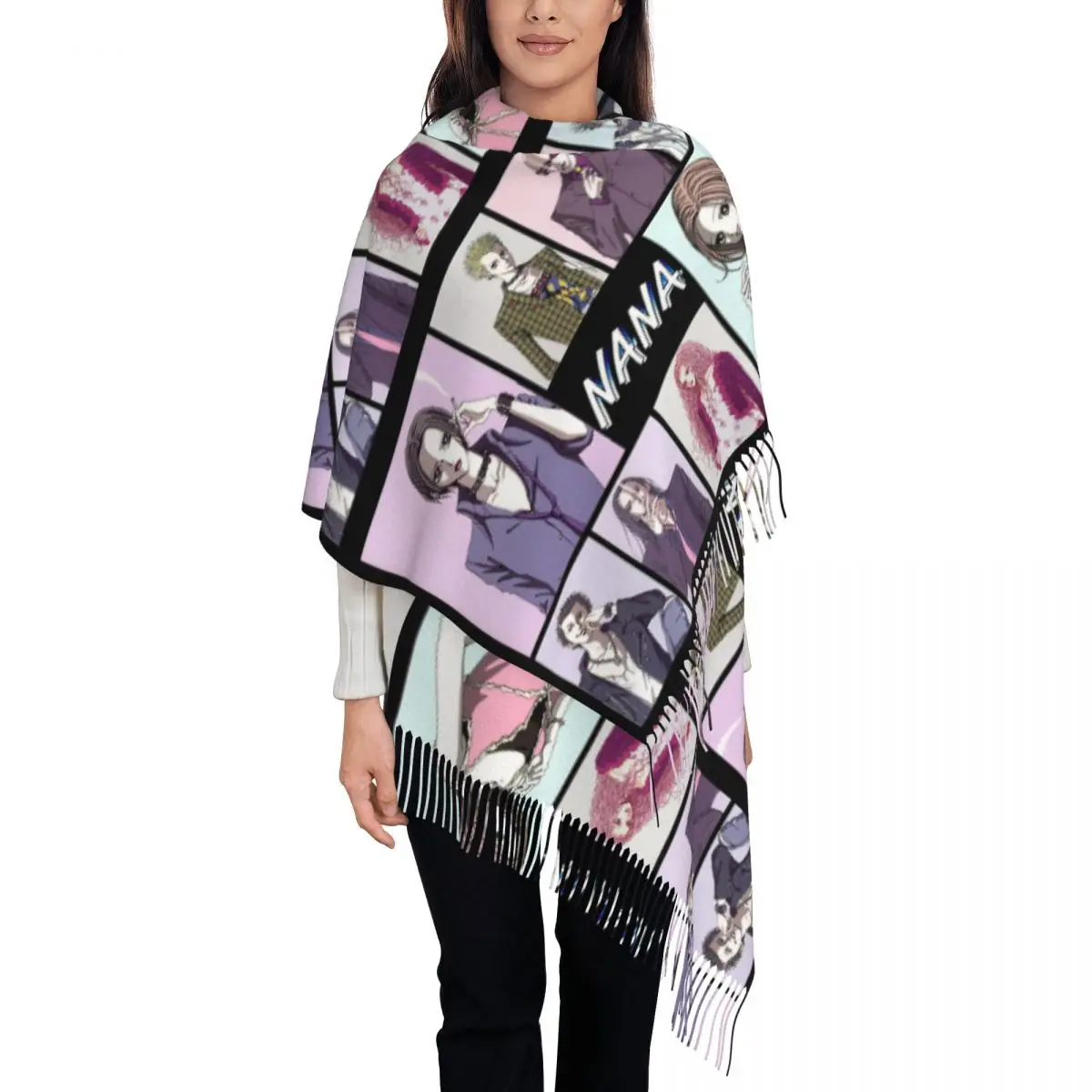 نانا أوساكي كوماتسو شينيتشي وشاح للمرأة خريف شتاء الباشمينا شال التفاف مانغا الأوشحة الكبيرة مع شرابة للارتداء اليومي #1