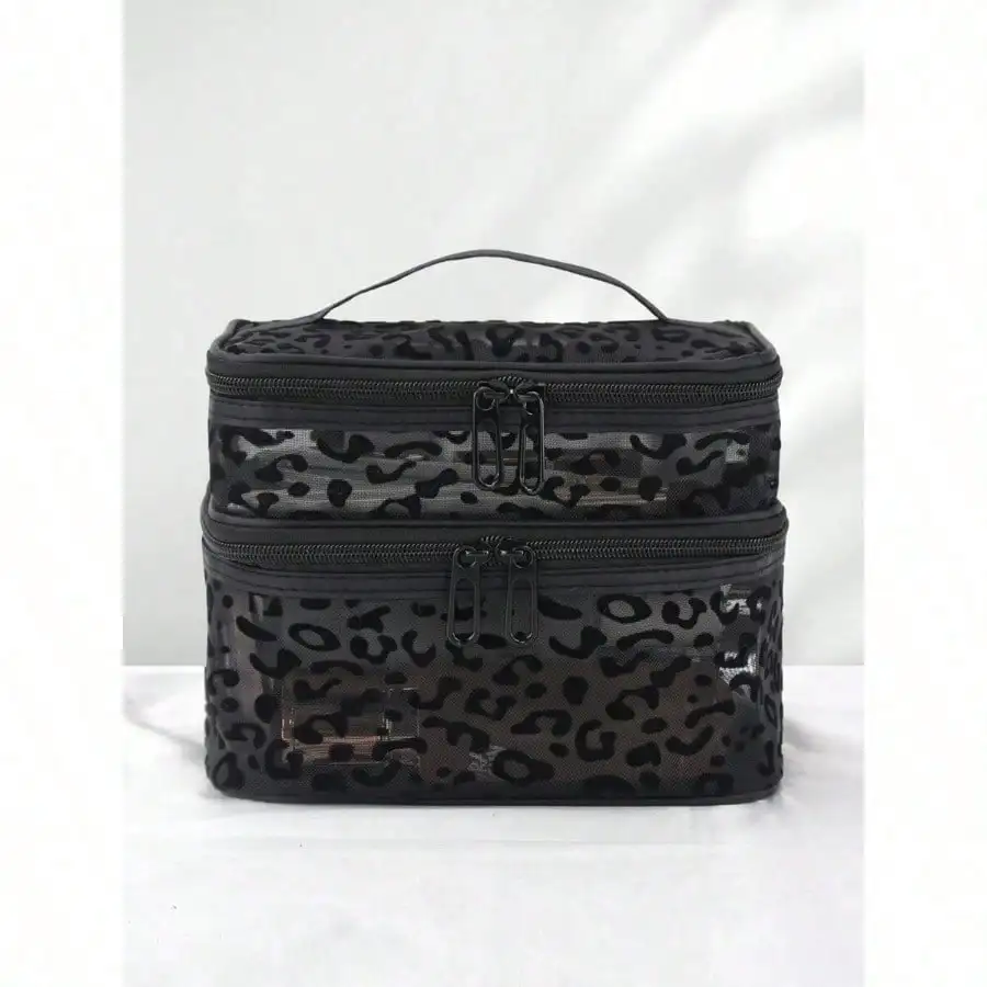 Borsa per cosmetici a doppio strato in rete nera con stampa leopardata da 1 pezzo, organizer portatile per trucco e articoli da toilette