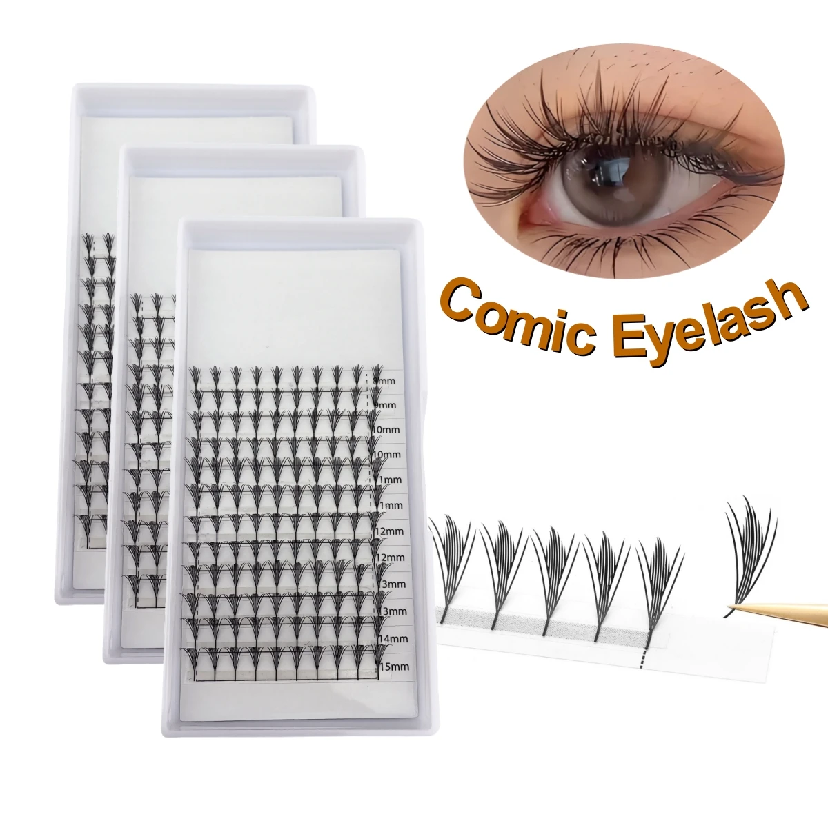 3 Trays Comic Eyelashes Mixed Lengths C and D Curl Handmade Feather Super Soft False Lash Individual Pointy  Mink For Salon