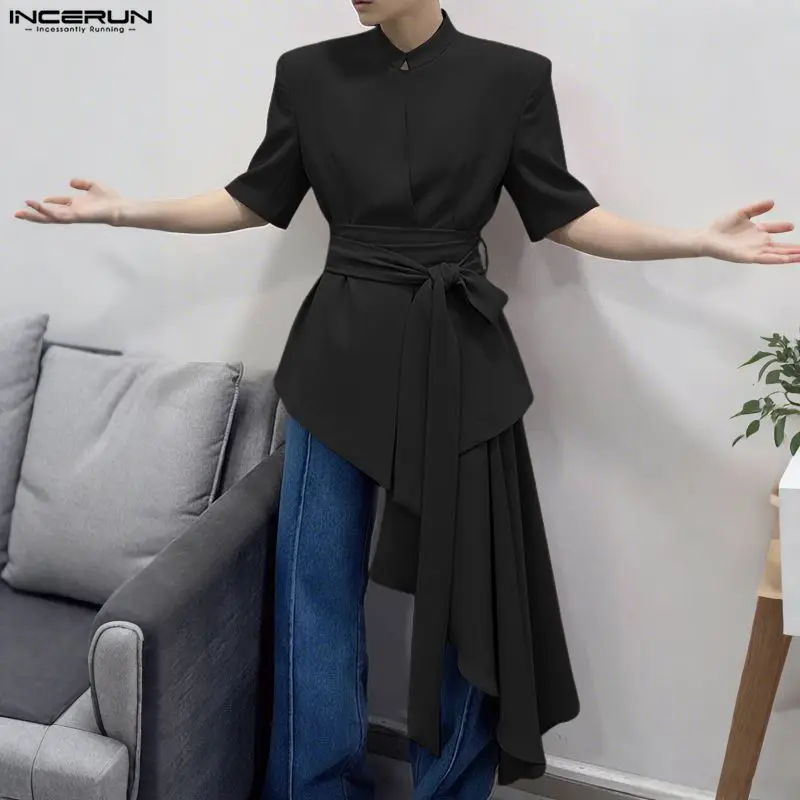 

INCERUN Men Irregular Blazer Solid Color Stand Collar Short Sleeve Male Suit With Belt Streetwear Fashion Casual Thin Coats 2026