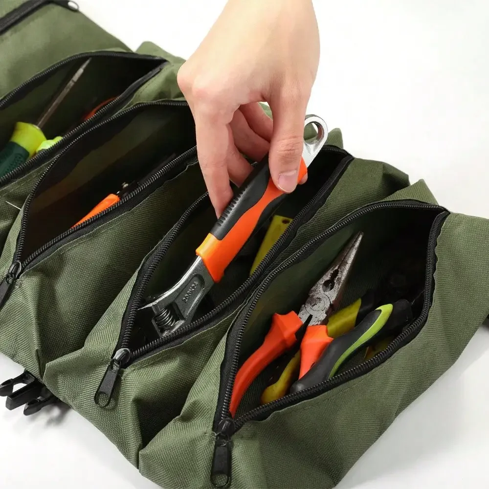 Multi-Purpose Roll-Up Tool Organizer Bag- Compact, Durable Fabric Storage Bag With 5 Zippered Pockets For Pliers, Vise Grips, Screwdrivers, Wrenches & Sockets - Perfect For Work And Outdoor Adventures