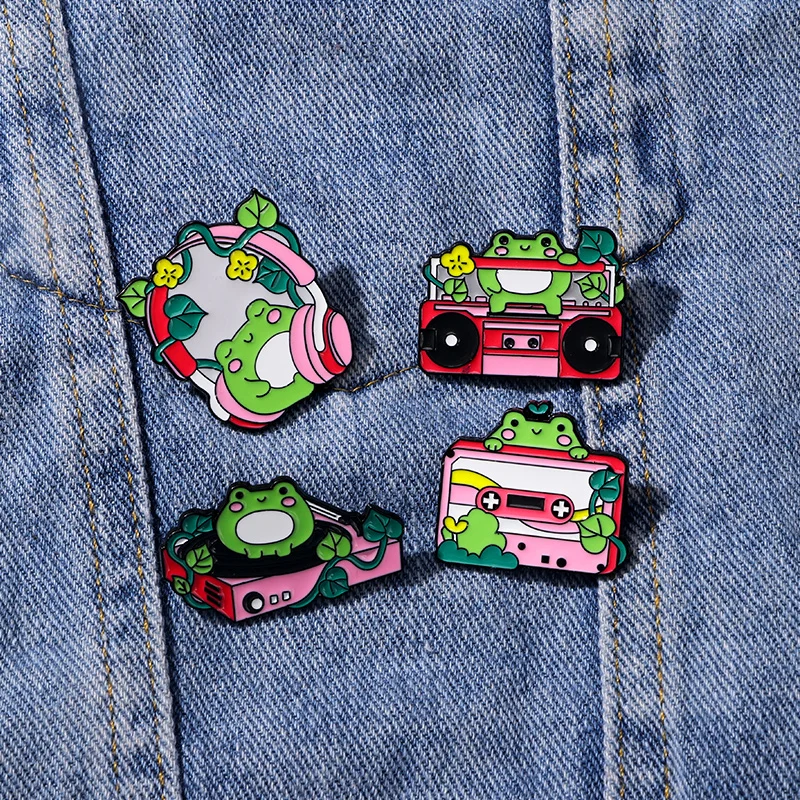 Creative Music Frog Collection Enamel Brooches Plant Radio Tape CD Player Earphone Shaped Pins For Backpack Bag Wallet Jewelry