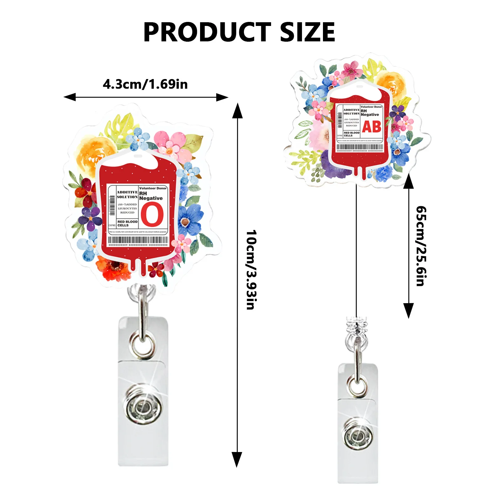 Glitter Flower Retractable Badge Reel Clips para Enfermeira, Médico, Hospital, Trabalhadores Médicos, Suporte de cartão acrílico, Tipo de sangue Saco, Novo, 1Pc