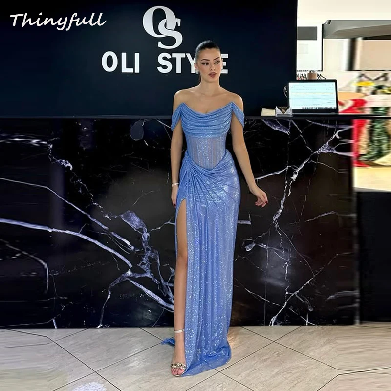 

Thinyfull Mermaid Off Shoulder Prom Dresses Sleeveless Glitter Evening Dress 2025 Split Formal Gown robes de soirée Customized