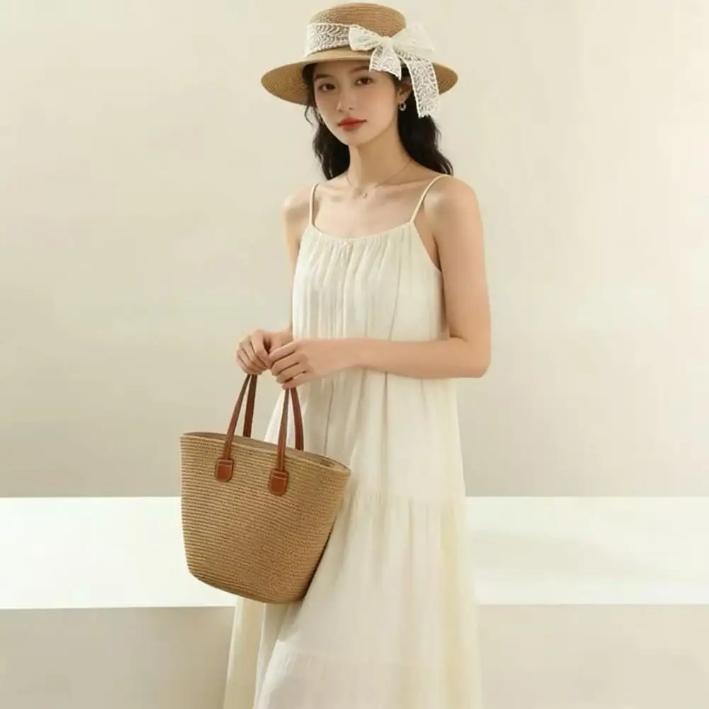 Handmade Rattan Tote Bag Hat 2pcs Summer Beach Hat Tote Bag Set Wide Brim Straw Sun Hat Handmade Rattan Picnic Bag with Striped
