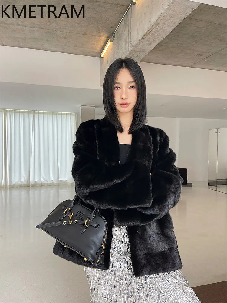 

KMETRAM Real Velvet Mink Fur Coat Woman Luxury V-Neck Loose Fur Jacket High Quality Winter Outerwears Women Clothing 2026 шуба