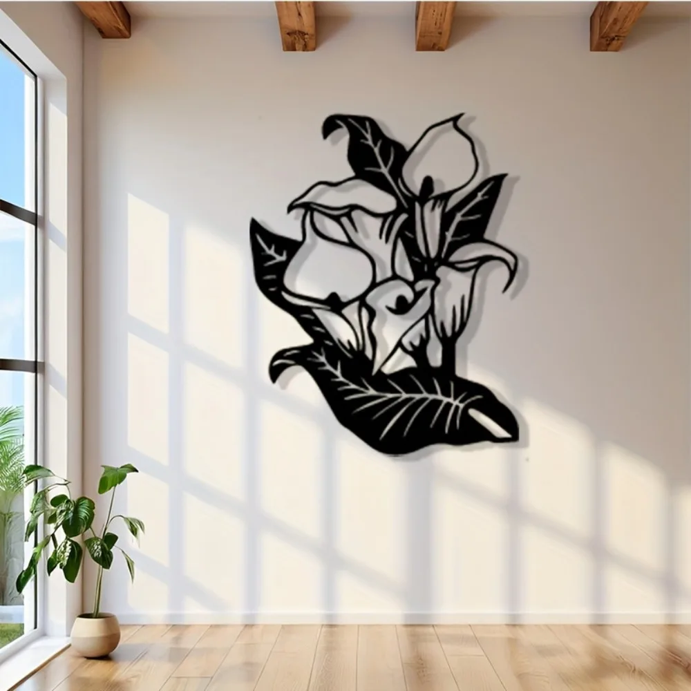 Black Calla Lily Metal Wall Hanging Vintage 2D Flat Iron Art Elegant Home Wall Decor for Living Room Bedroom Wedding